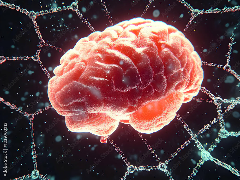 Poster 3d illustration: human brain entangled in a complex neural network, showcasing cognitive function.