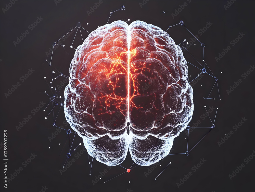 Aufkleber glowing brain illustration shows neural network connections on a dark background with nodes.
