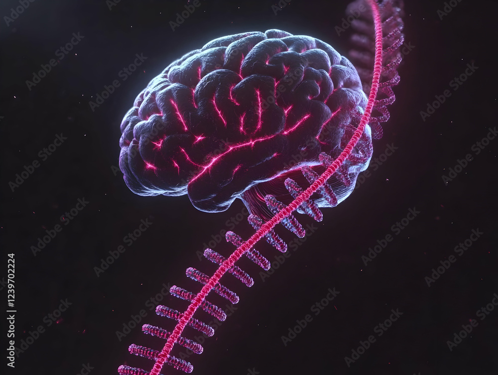 Poster 3d rendered brain with glowing synapses intertwined with a dna helix on a dark background