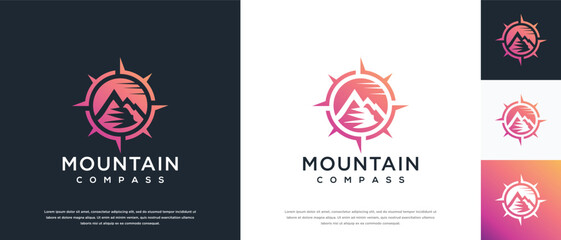Compass mount logo design. Compass logo template with mountain. Adventure logo symbol icon
