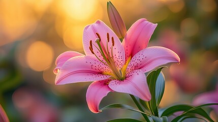 Ethereal Pink Lilies Blooming in Soft Golden Morning Light Romantic Floral Photography Botanical Aesthetic Imagery Macro Nature Photography Ethereal Pink Lilies Blooming
