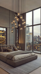 Modern Bedroom Interior Design Showcases a Stylish Bed, Elegant Lighting, and City View at Dusk.