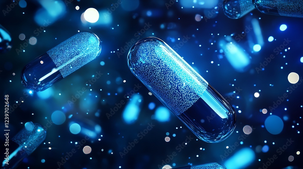 Aufkleber futuristic blue capsules with shimmering particles floating in a darkened digital cosmos : generativ
