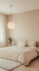 Beige Bedroom Interior Design Features a Large Bed with Soft Linens, Potted Plant, and Hanging Lamp