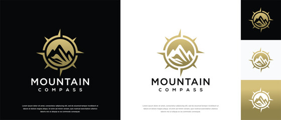 Compass mount logo design. Compass logo template with mountain. Adventure logo symbol icon