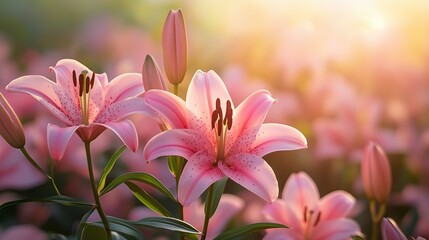 Fototapeta premium Ethereal Pink Lilies Blooming in Soft Golden Morning Light Romantic Floral Photography Botanical Aesthetic Imagery Macro Nature Photography Ethereal Pink Lilies Blooming