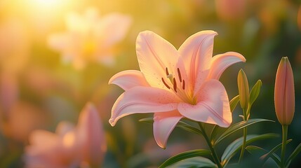 Fototapeta premium Ethereal Pink Lilies Blooming in Soft Golden Morning Light Romantic Floral Photography Botanical Aesthetic Imagery Macro Nature Photography Ethereal Pink Lilies Blooming