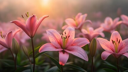 Fototapeta premium Ethereal Pink Lilies Blooming in Soft Golden Morning Light Romantic Floral Photography Botanical Aesthetic Imagery Macro Nature Photography Ethereal Pink Lilies Blooming