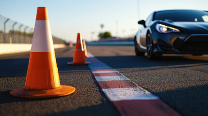 Driving course setup with traffic cones and car for safe driver training and skill enhancement on a sunlit track environment