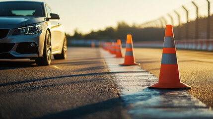 Sleek car navigating through traffic cones on a sunlit race track at sunset for driving practice and safety training