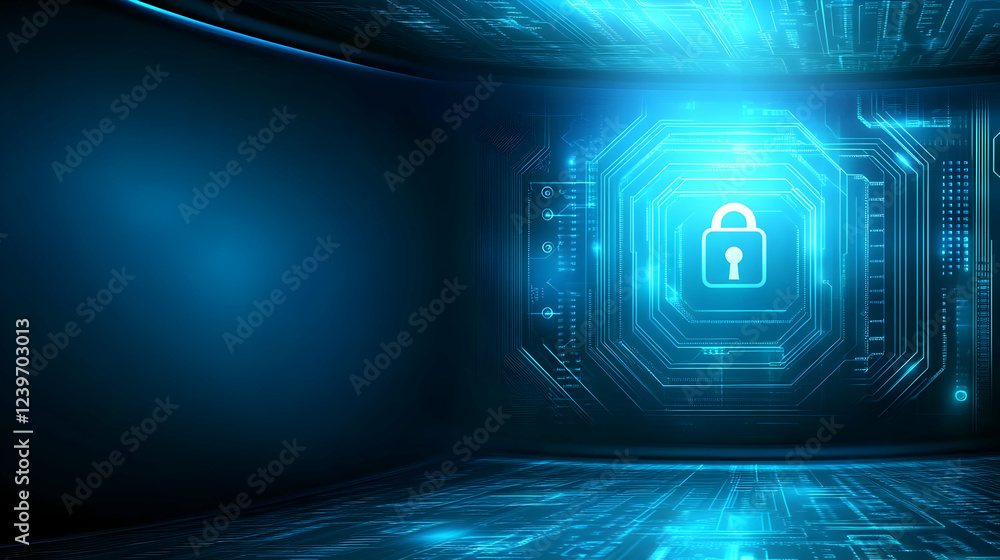 Poster cybersecurity lock protects digital data in a futuristic technological environment securely.