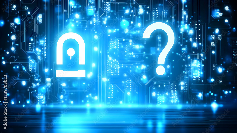 Poster notification bell and question mark icons on futuristic circuit board background representing uncert