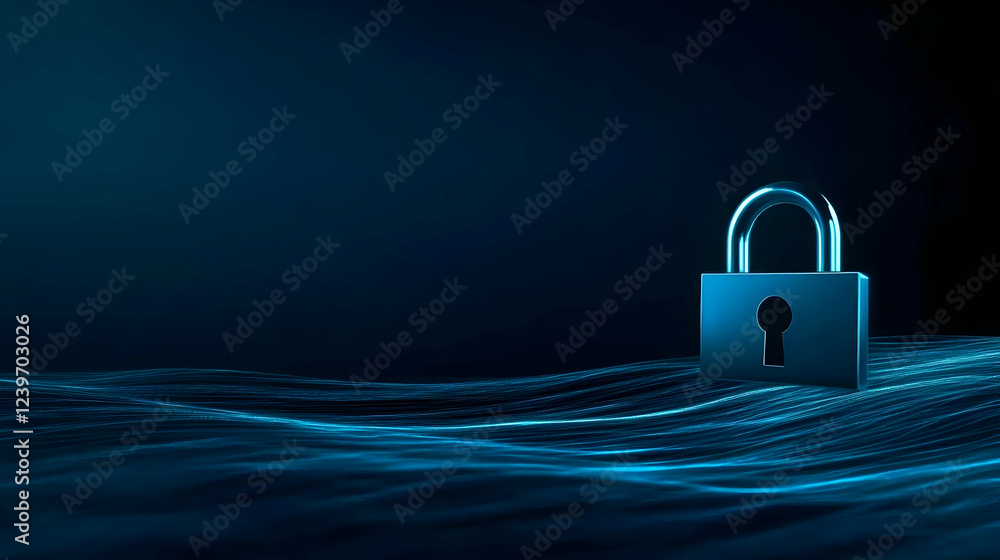 Poster 3d padlock on wavy abstract background represents data security concept