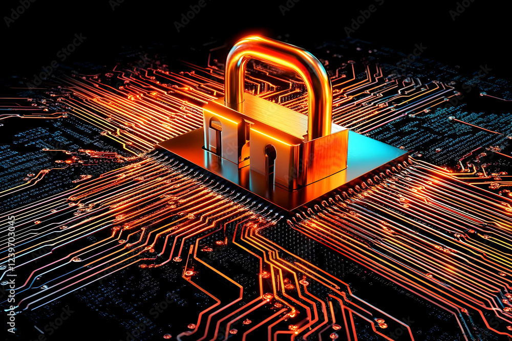 Poster golden padlock secures a circuit board, symbolizing data protection and cybersecurity effectively.