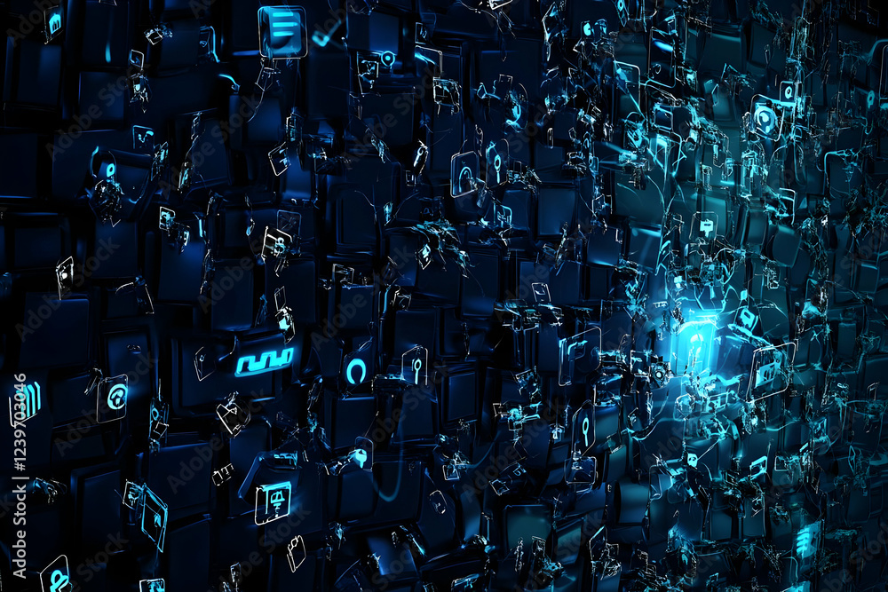 Poster abstract background shows glowing blue icons floating and glitching over dark squares dynamically.
