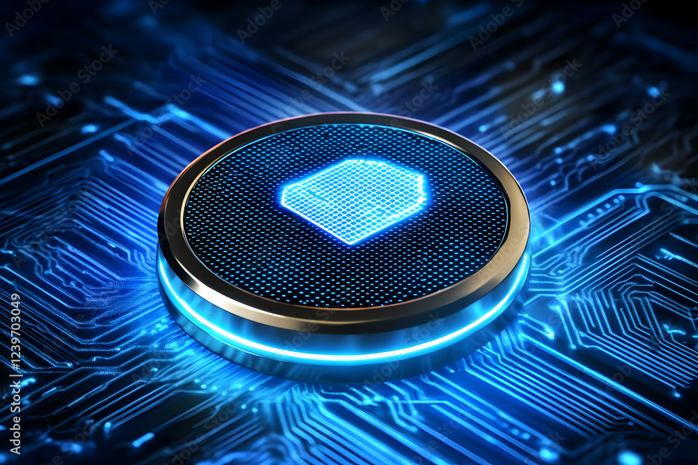 Poster glowing cpu chip on circuit board shows futuristic computing prowess brilliantly.