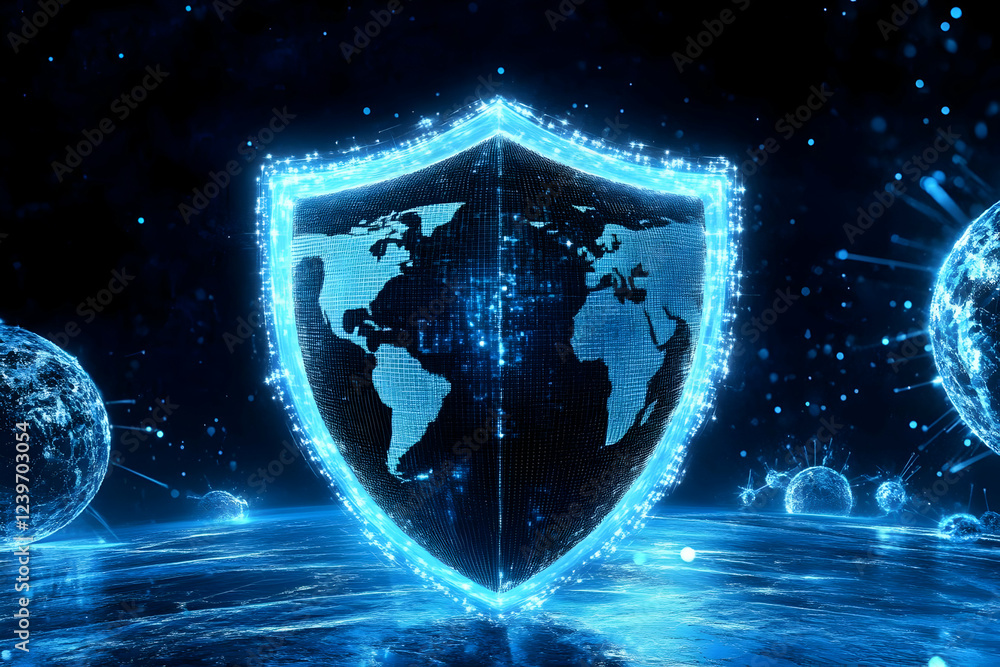 Poster Digital Shield Protects Global Network in Futuristic Space, Ensuring Secure Connections.