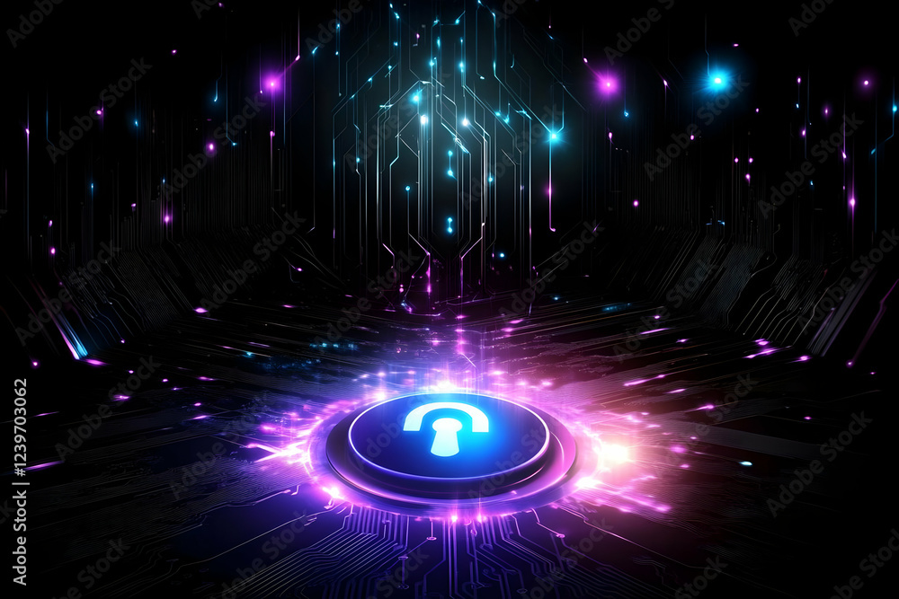 Aufkleber digital security lock button shines on circuit board with futuristic neon lights