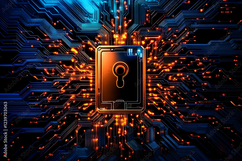 Poster digital padlock secures circuit board with glowing connections and intricate pathways.
