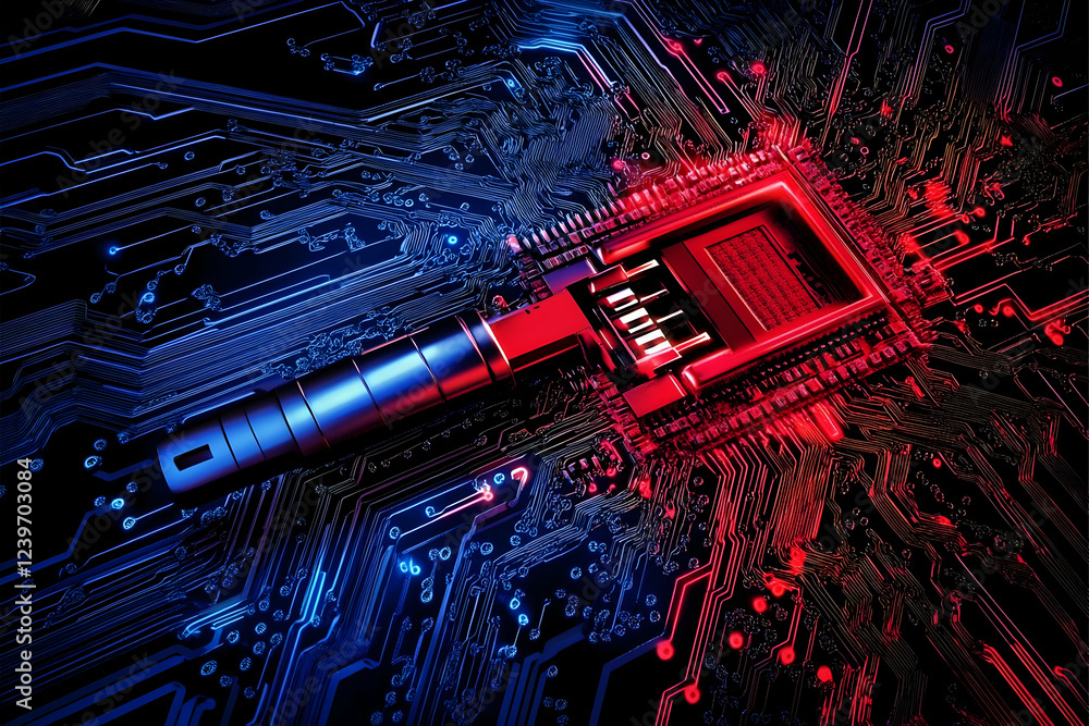 Aufkleber futuristic circuit board with attached device illuminates with red and blue lights