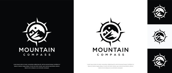 Compass mount logo design. Compass logo template with mountain. Adventure logo symbol icon