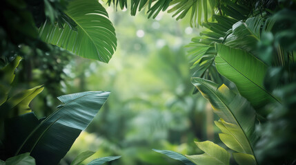 Lush tropical jungle foliage with sunlight filtering through dense green leaves creating a serene natural canopy environment