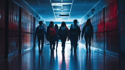 Obraz premium Group of five teenagers walking down a dimly lit high school hallway with red and blue lights reflecting on lockers, carrying backpacks