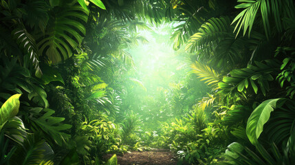 Fototapeta premium Lush greenery and sunlight in dense jungle forest with vibrant tropical foliage and sun-dappled leaves in a natural wilderness setting