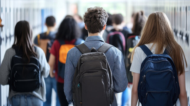 Rear view of diverse group of teen students walking in school hallway with backpacks on a busy day - Powered by Adobe