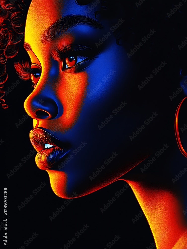Poster striking artistic representation of a woman's profile in vibrant colors emphasizing beauty and featu