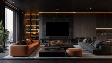 Luxurious modern living room with leather sofas, large tv, minimalist decor, dark walls, ambient lighting, and urban city view