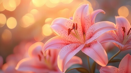 Fototapeta premium Ethereal Pink Lilies Blooming in Soft Golden Morning Light Romantic Floral Photography Botanical Aesthetic Imagery Macro Nature Photography Ethereal Pink Lilies Blooming
