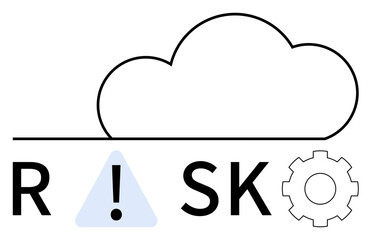 Cloud line with exclamation mark in triangle and gear representing cloud risk management, security, data protection, business continuity, IT infrastructure, operational efficiency, and governance