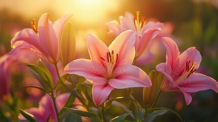 Fototapeta premium Ethereal Pink Lilies Blooming in Soft Golden Morning Light Romantic Floral Photography Botanical Aesthetic Imagery Macro Nature Photography Ethereal Pink Lilies Blooming