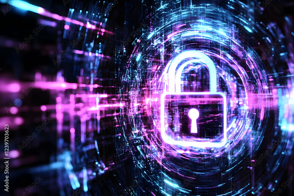 Poster neon lock icon glowing in abstract digital cyberspace background with futuristic technology elements