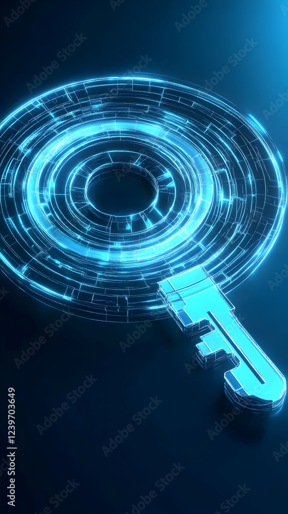 Poster glowing key with circular light trails: a symbol of digital security and access in a futuristic worl