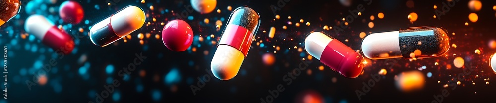 Poster bright red and orange capsules in motion with a dark glittery background : generative ai
