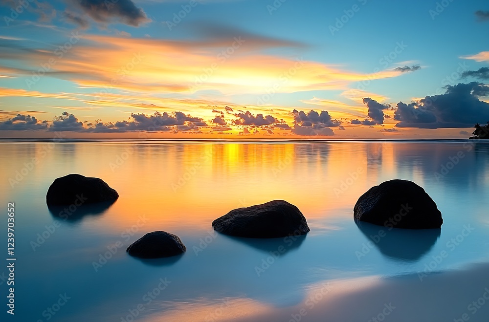 Poster glorious sunset over the ocean with rocks on the beach casting beautiful reflections in the water : 