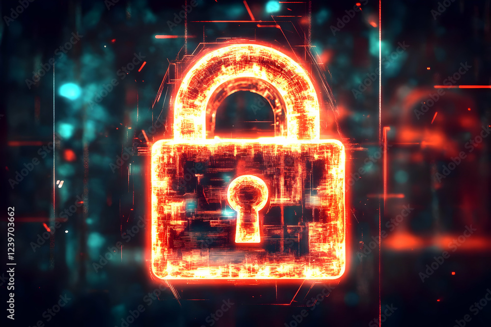 Poster glowing digital padlock symbolizes security in abstract tech background with light effects.