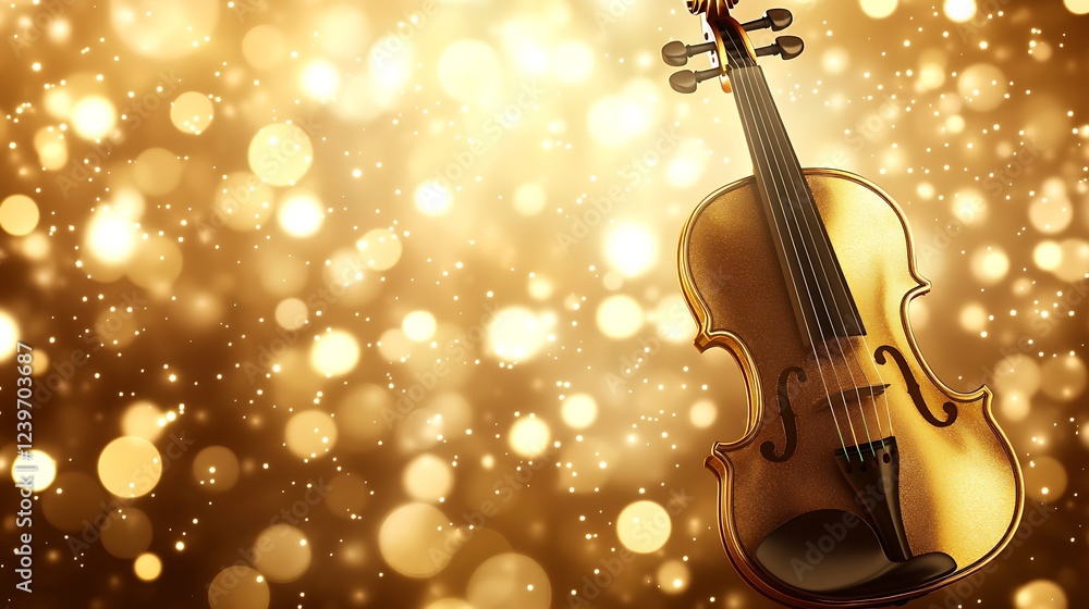 Poster gorgeous gold violin with bokeh effects ideal for music and art illustrations : generative ai
