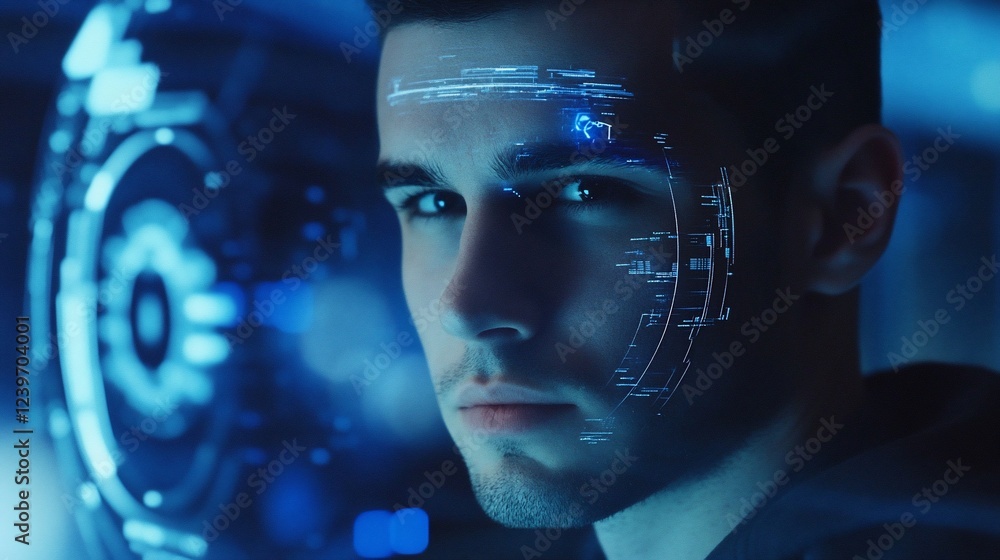Poster futuristic man with digital interface overlay exploring advanced technology concepts