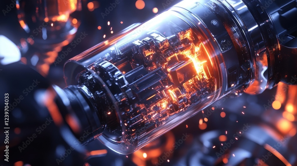Poster robotic arms are assembling a complex technological component inside a glass cylinder, showcasing an