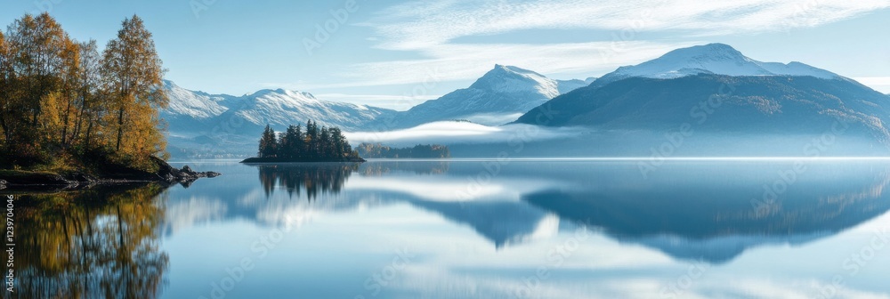 Aufkleber breathtaking autumn landscape with calm lake and mountains at dawn in a serene natural setting. gene