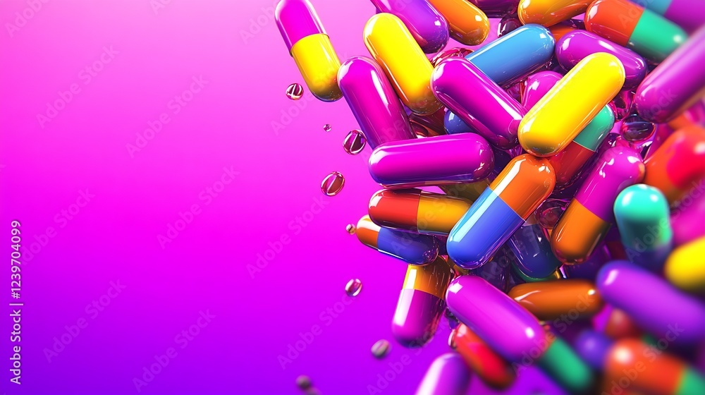 Poster Dynamic Floating Capsules in Bright Colors Surrounded by Bubbles and Light : Generative AI