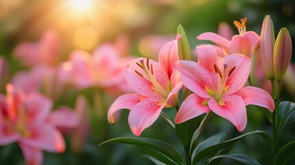 Ethereal Pink Lilies Blooming in Soft Golden Morning Light Romantic Floral Photography Botanical Aesthetic Imagery Macro Nature Photography Ethereal Pink Lilies Blooming