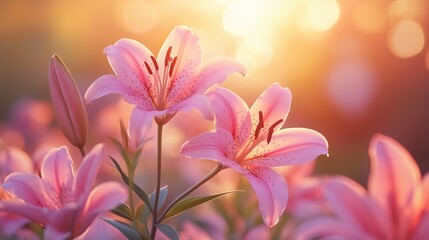 Ethereal Pink Lilies Blooming in Soft Golden Morning Light Romantic Floral Photography Botanical Aesthetic Imagery Macro Nature Photography Ethereal Pink Lilies Blooming