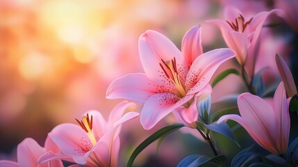 Fototapeta premium Ethereal Pink Lilies Blooming in Soft Golden Morning Light Romantic Floral Photography Botanical Aesthetic Imagery Macro Nature Photography Ethereal Pink Lilies Blooming
