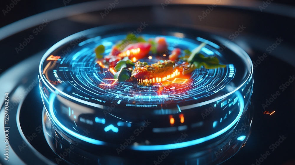 Poster futuristic food presentation with digital interface displaying dish details on a table