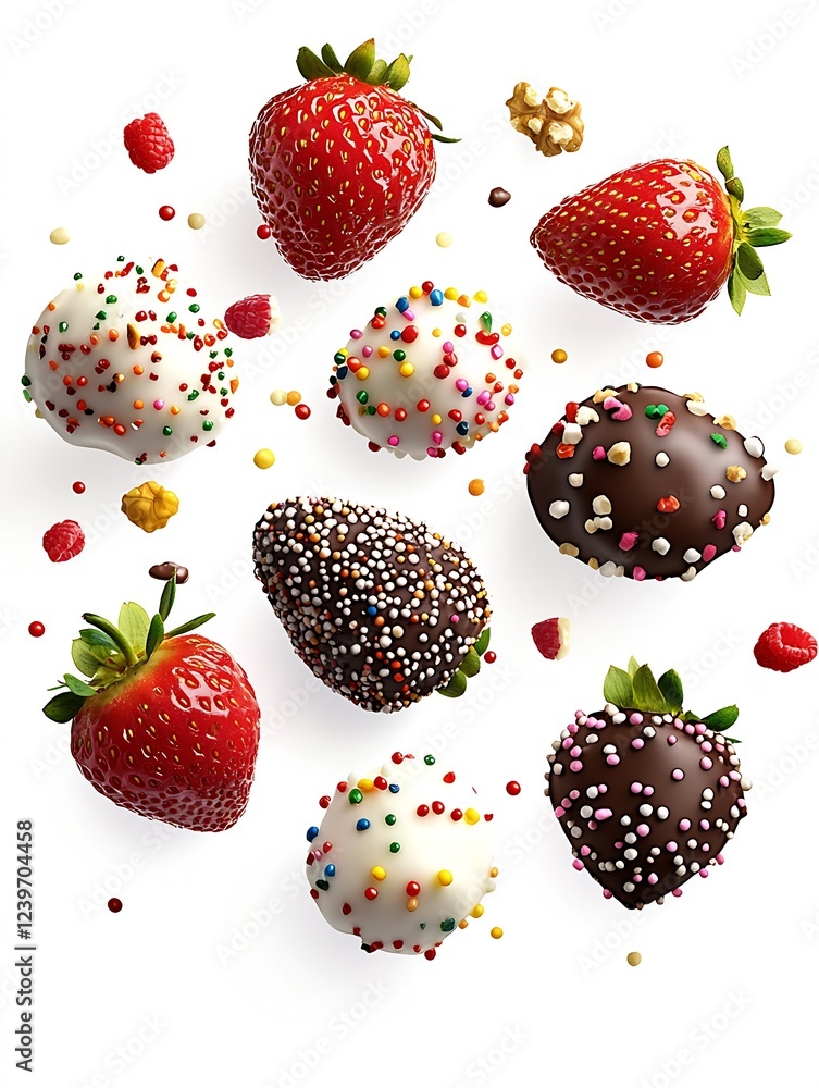 Poster irresistible assorted chocolate dipped strawberries with colorful sprinkles : generative ai