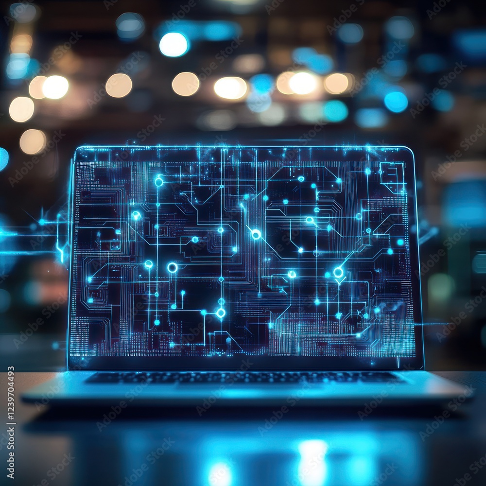 Poster glowing laptop with circuit board design on screen, bokeh background, used for tech concepts